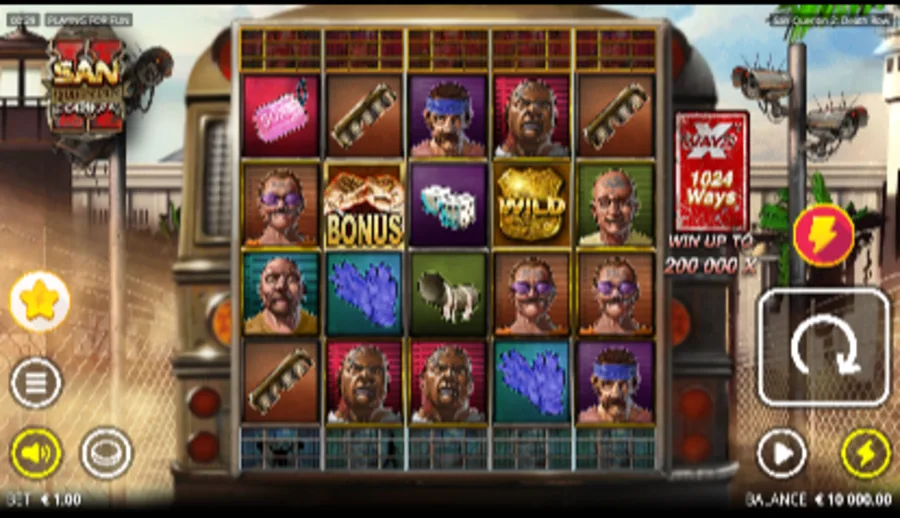 San Quentin 2: Death Row running in a mobile browser on a phone viewport, showing the 5x4 reels and bet controls