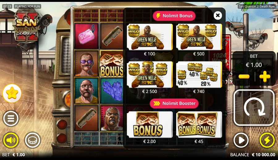 San Quentin 2 Bonus Buy and Nolimit Booster panel showing Green Mile Spins at 100, 500 and 2500 euros, Lucky Draw at 740 euros, and xBet at 2 and 45 euros