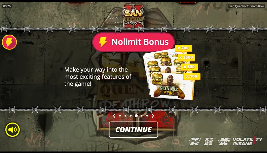 San Quentin 2 Nolimit bonus buy tier preview showing x100, x500, x2500 and x740 buys with xSplit, xBet, xWays and Insane volatility badges