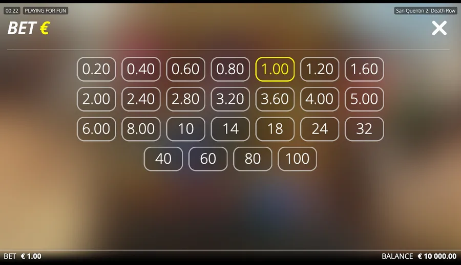 San Quentin 2 stake selector showing the €0.20 to €100 bet range