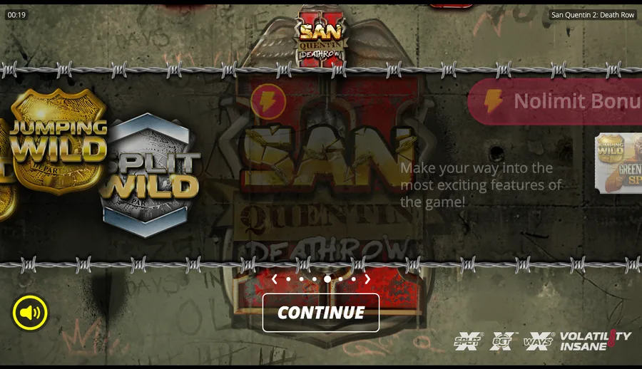 San Quentin 2 intro feature carousel showing Jumping Wild and Split Wild with the INSANE volatility badge